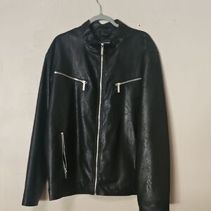 INC International Concepts Black Faux Leather Zip-Front Bomber